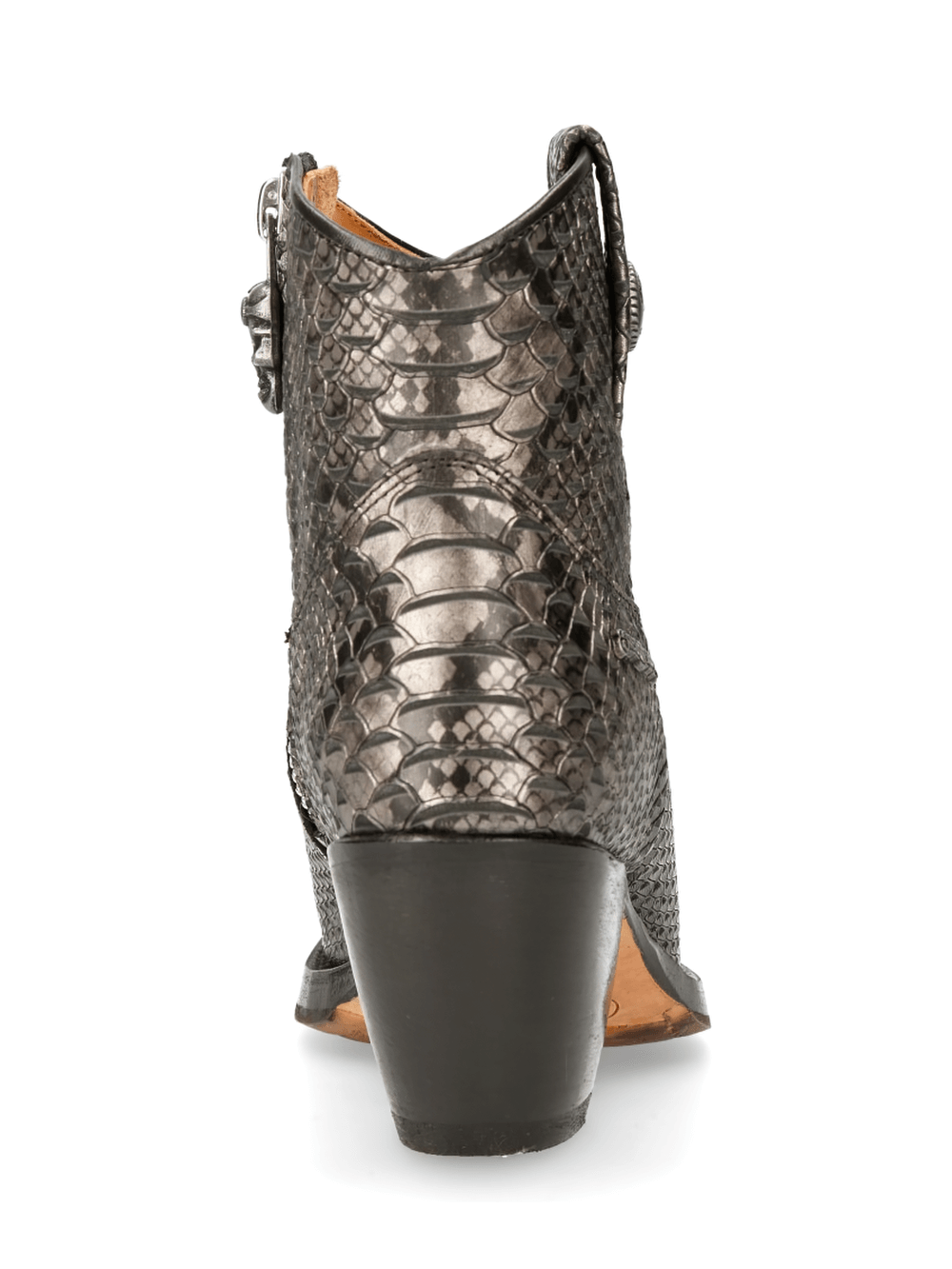 Back view of NEW ROCK Steel Snake Print Ankle Boots showcasing genuine leather and 6cm heel for stylish comfort.