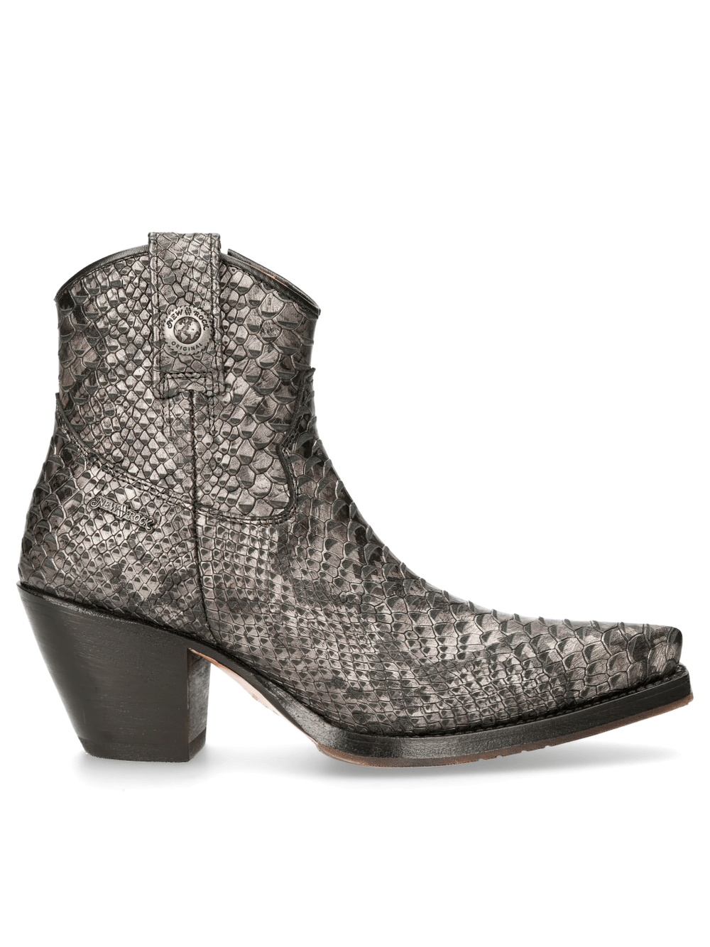 Stylish NEW ROCK Steel Snake Print Ankle Boots with Zipper, featuring a durable design and edgy biker style.