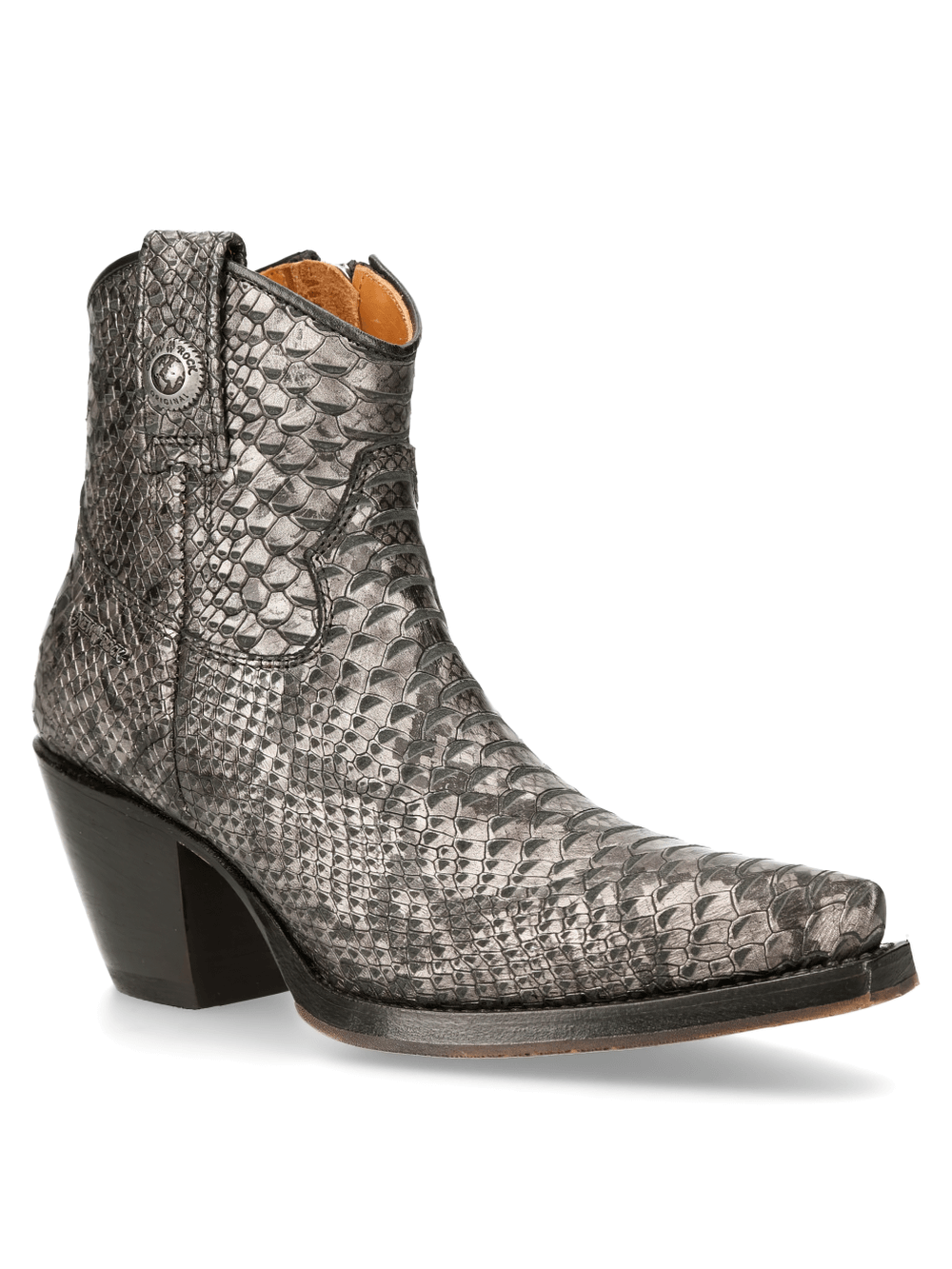 NEW ROCK Steel Snake Print Ankle Boots with Zipper, edgy biker style booties in genuine cow leather.