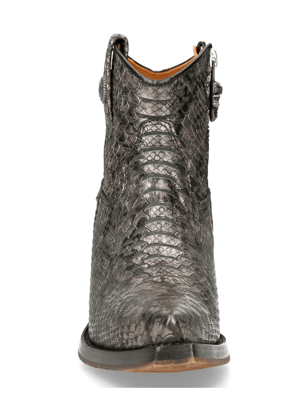 Front view of NEW ROCK Steel Snake Print Ankle Boots featuring a stylish biker design and durable sole.