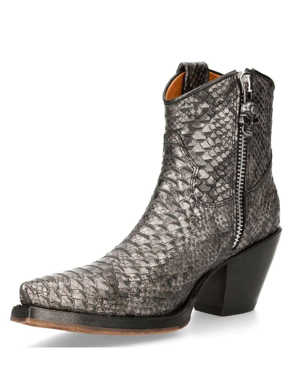 NEW ROCK Steel Snake Print Ankle Boots with Zipper, biker-style design, genuine leather, durable rubber sole, edgy elegance.