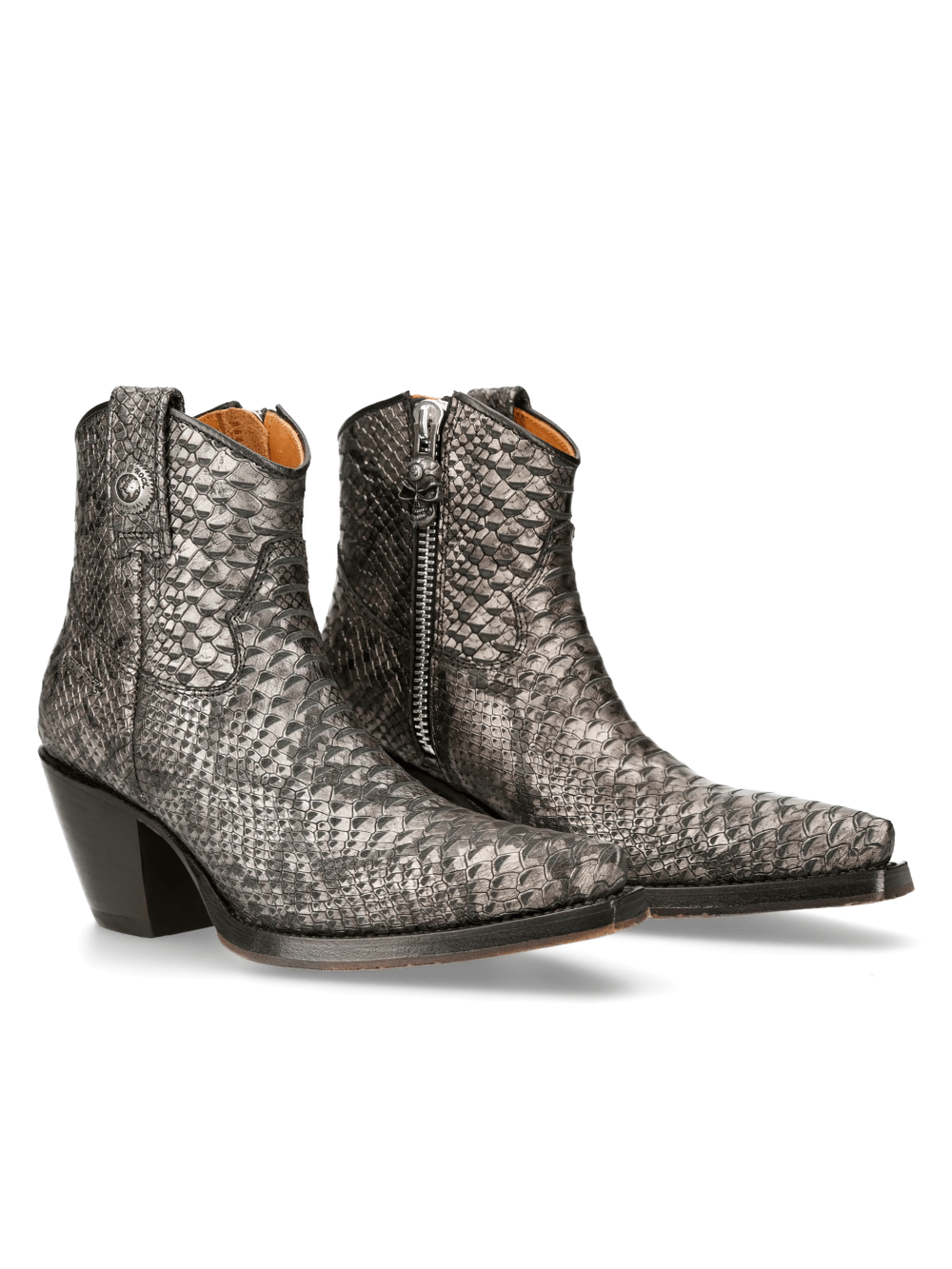 NEW ROCK Steel Snake Print Ankle Boots with zipper, stylish biker booties for edgy elegance and comfort.