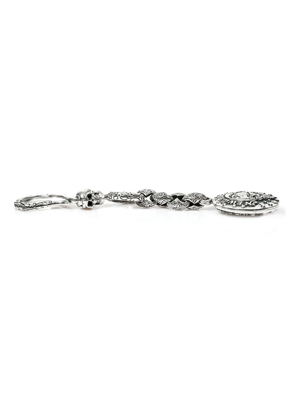 Sterling silver gothic keychain with intricate skull pendant and detailed chain for edgy style.