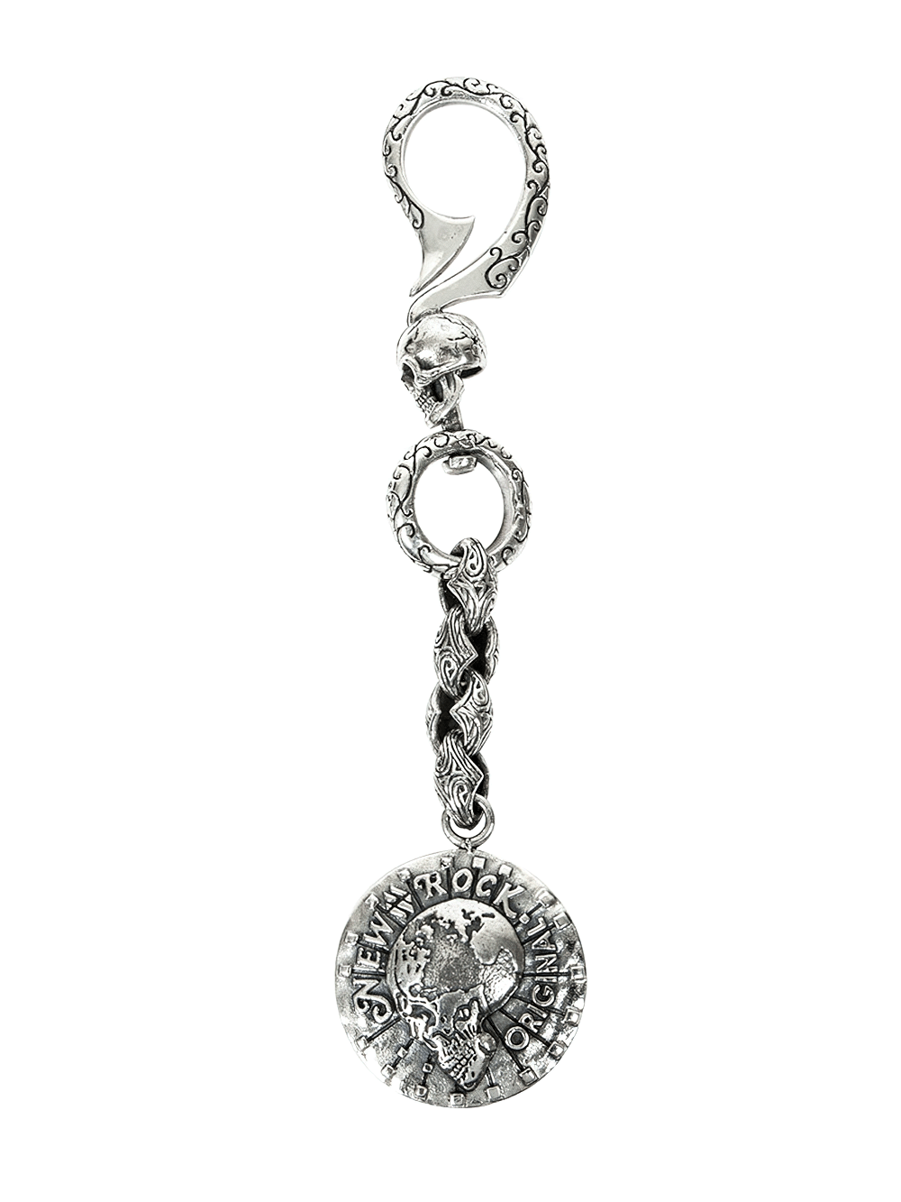 Sterling silver skull keychain with intricate design, chain, and clip for gothic style fashion.