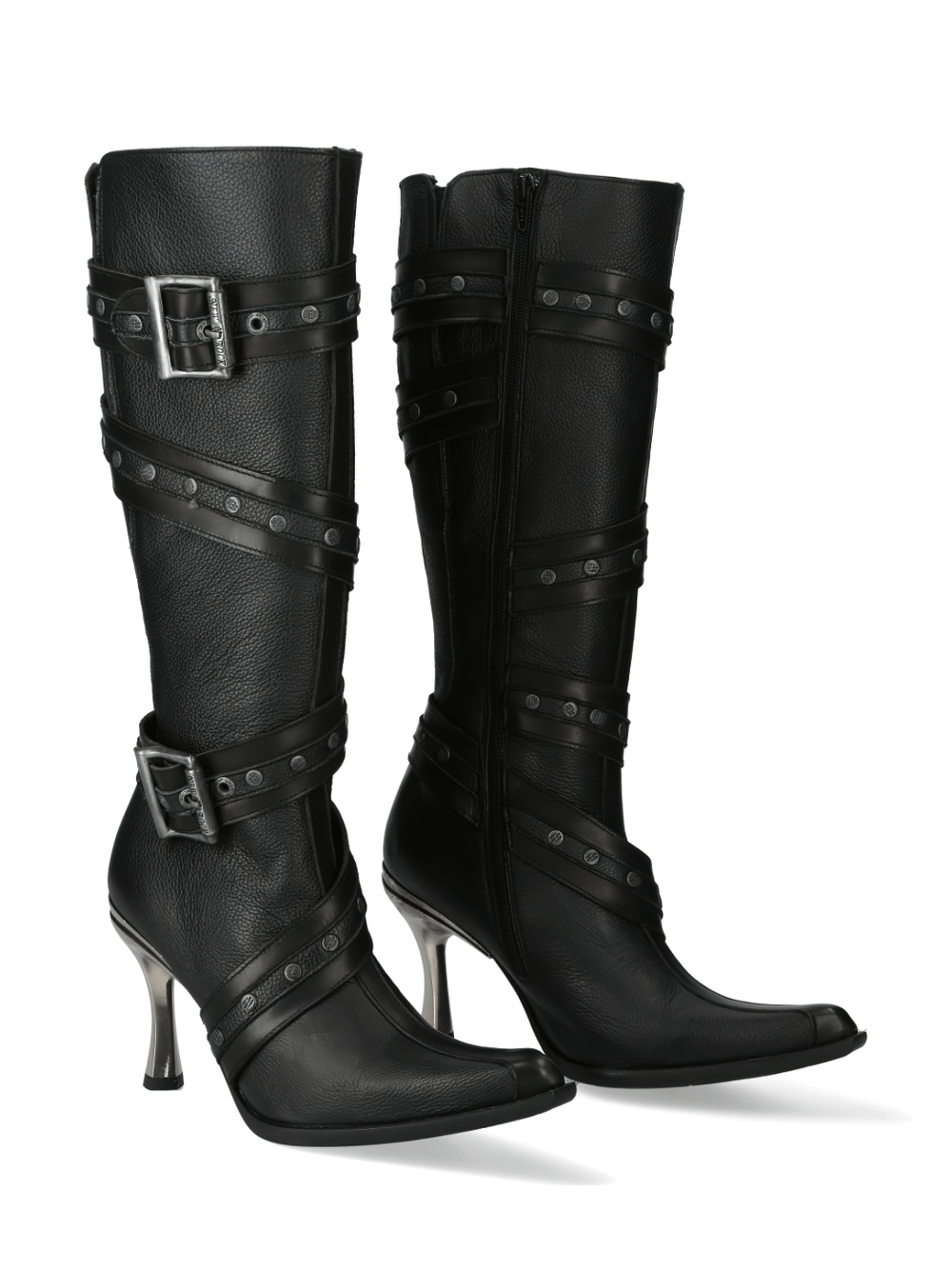 NEW ROCK Strap-Detailed Black Leather High Heel Boots