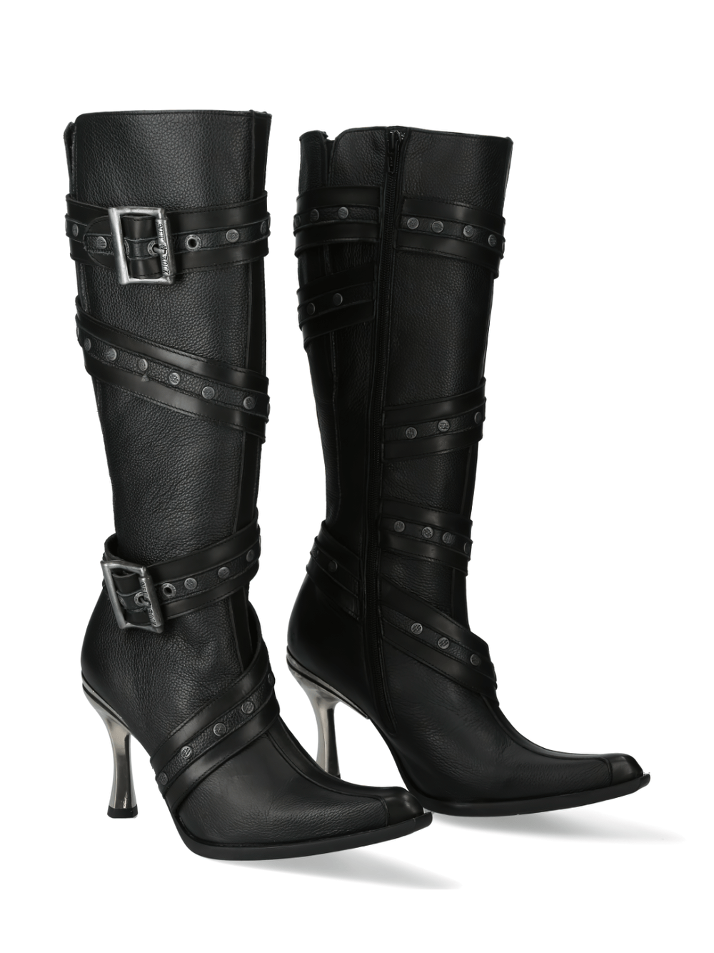 Stylish black leather high heel boots with adjustable straps and studded details, perfect for a punk or goth look.