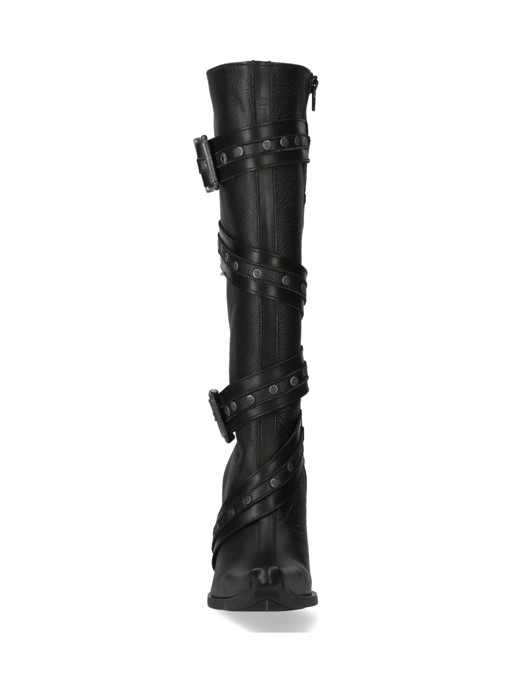Elegant black leather high heel boots with strap detailing and zipper closure, perfect for punk and rock styles.