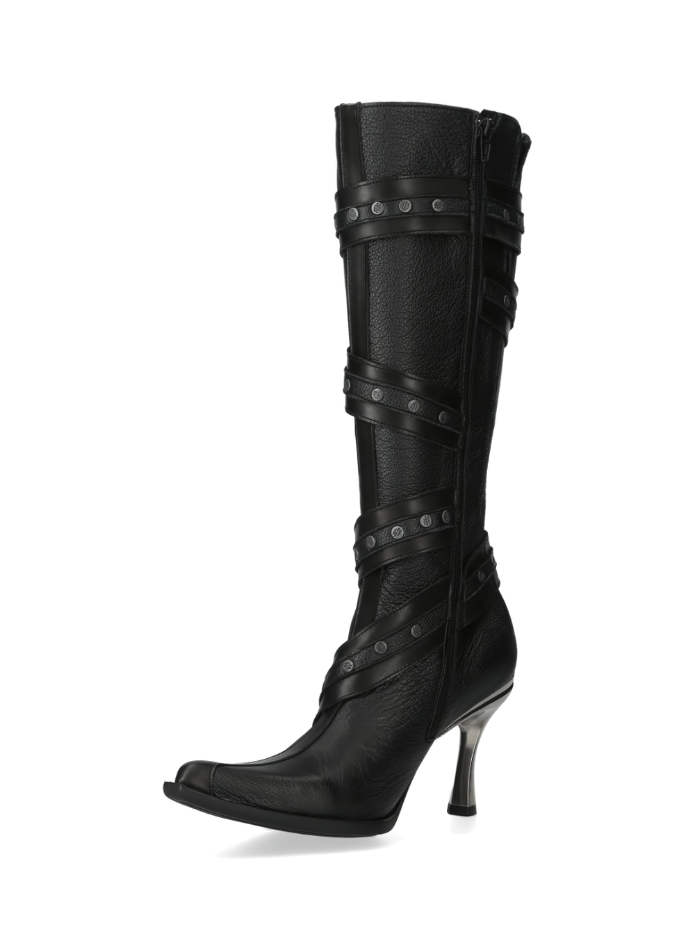 Elegant black leather high heel boots with studded straps for a bold punk style.