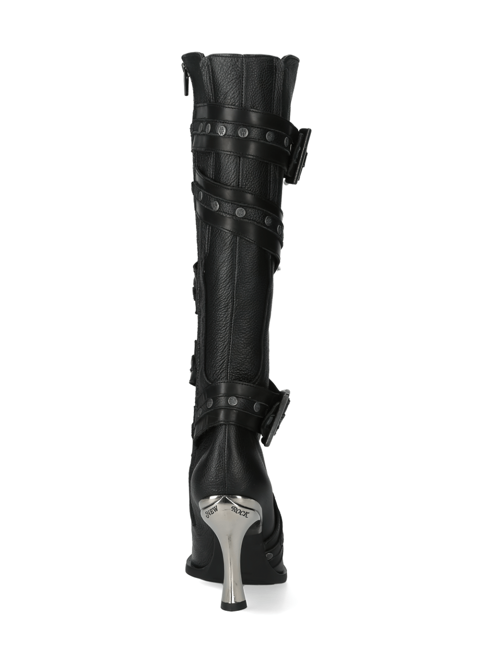 Stylish black leather high heel boots with adjustable straps and studded details, perfect for a punk rock aesthetic.
