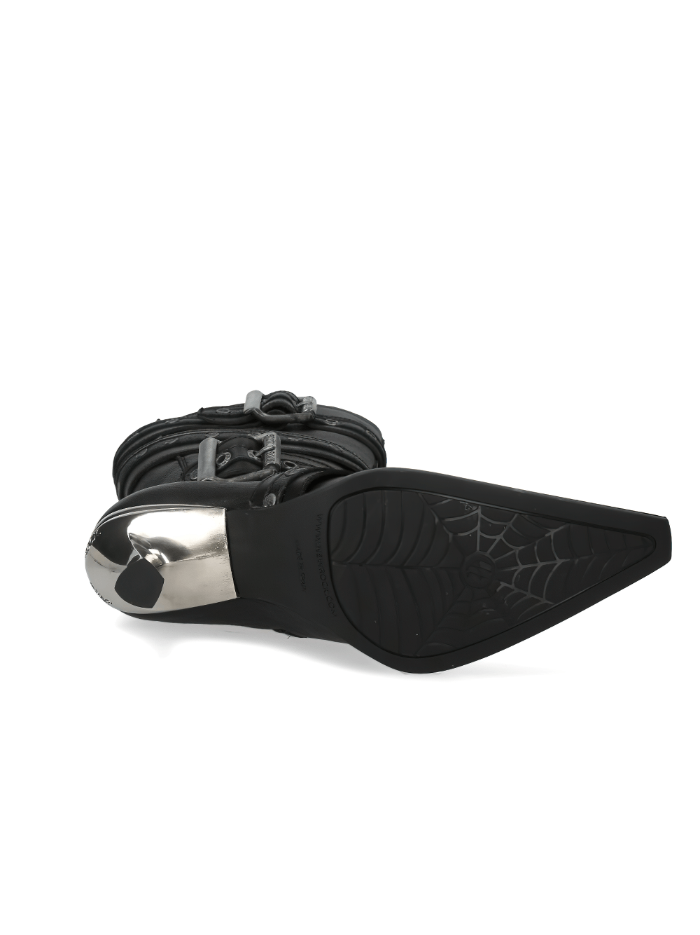 Bottom view of stylish black leather high heel boots with strap detailing and metallic accents.