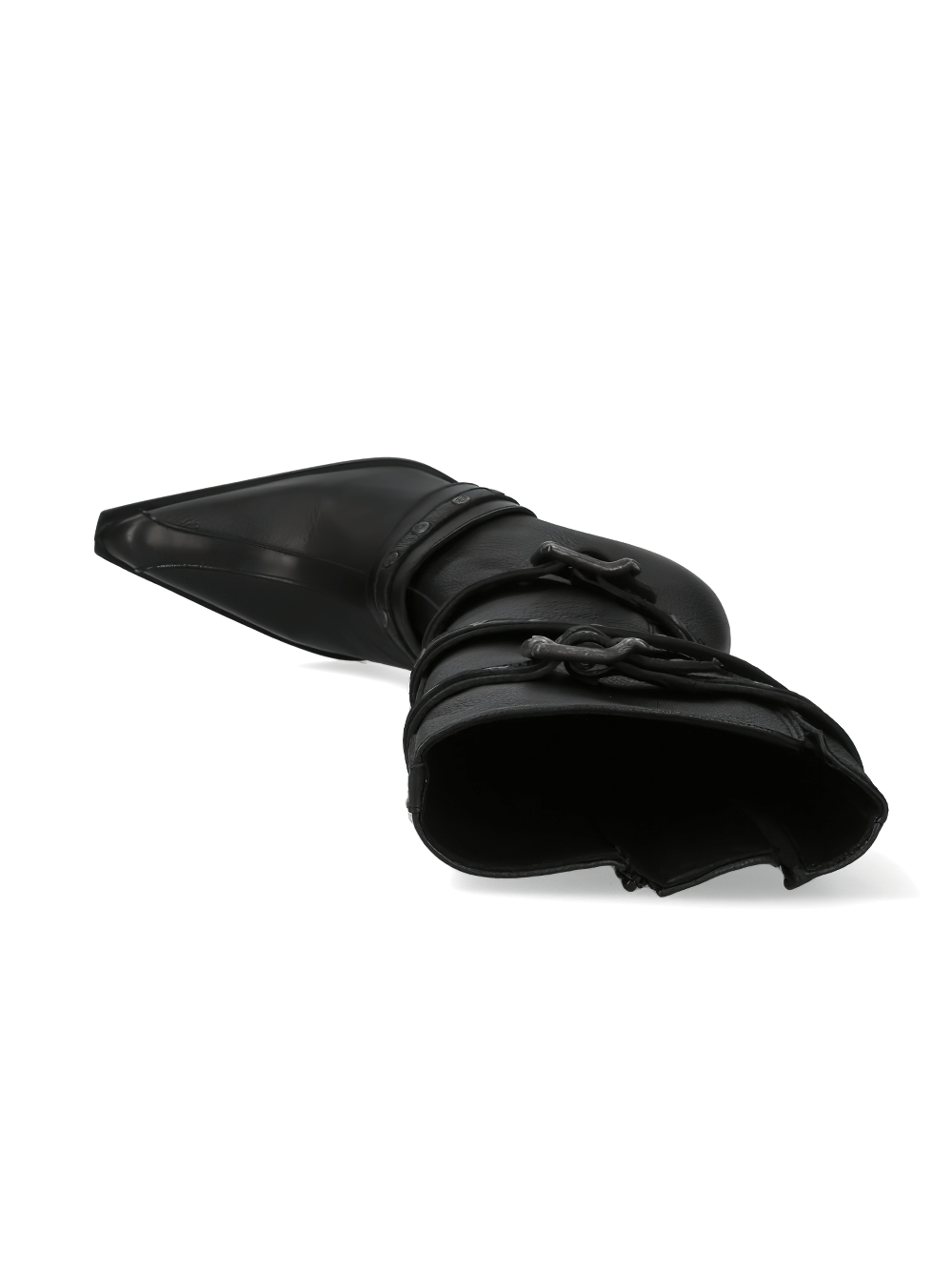 Elegant black high heel boots featuring adjustable straps and a sleek design from the Malicia Collection.