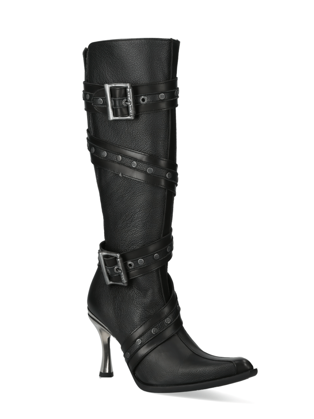 Strap-detailed black leather high heel boots, perfect for punk and goth styles with a sleek zipper closure.