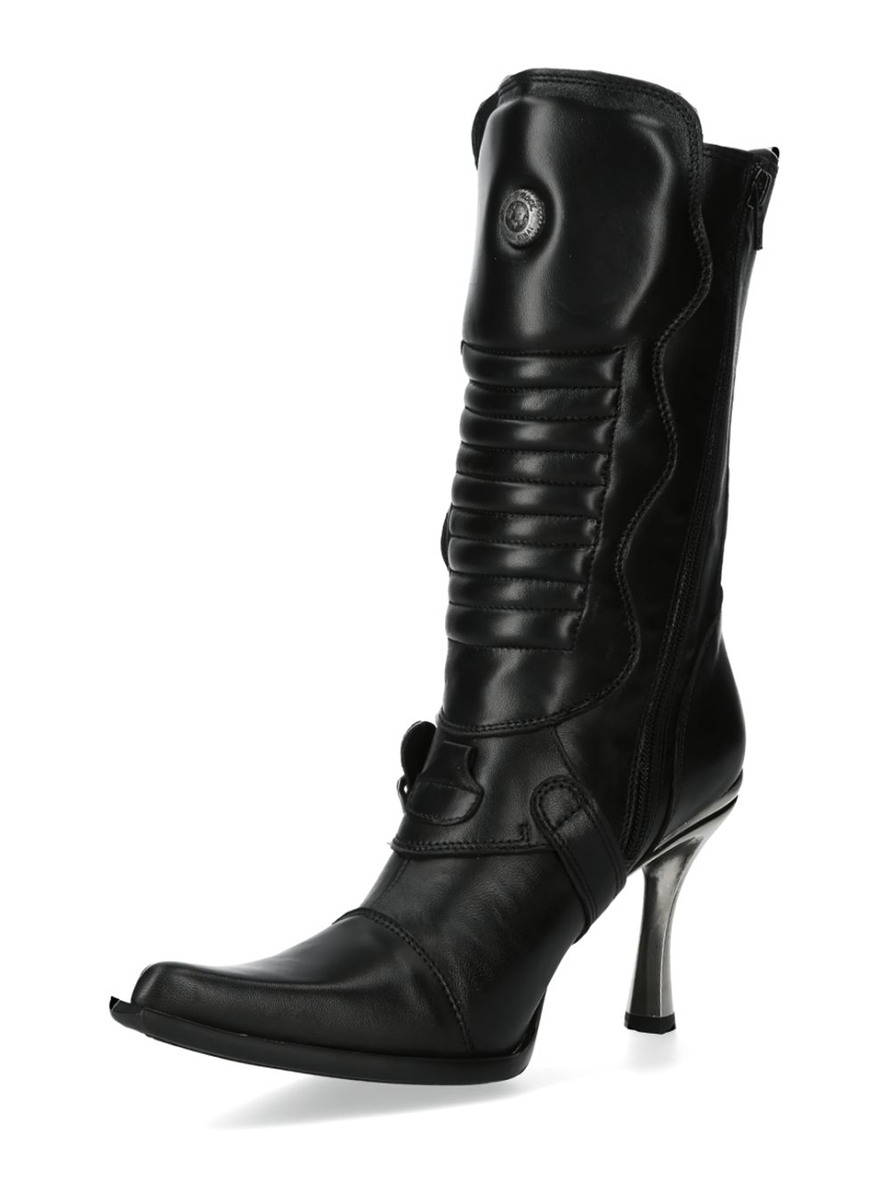 Stylish NEW ROCK black leather high heel boots with buckle, sleek design, perfect for punk and goth enthusiasts.