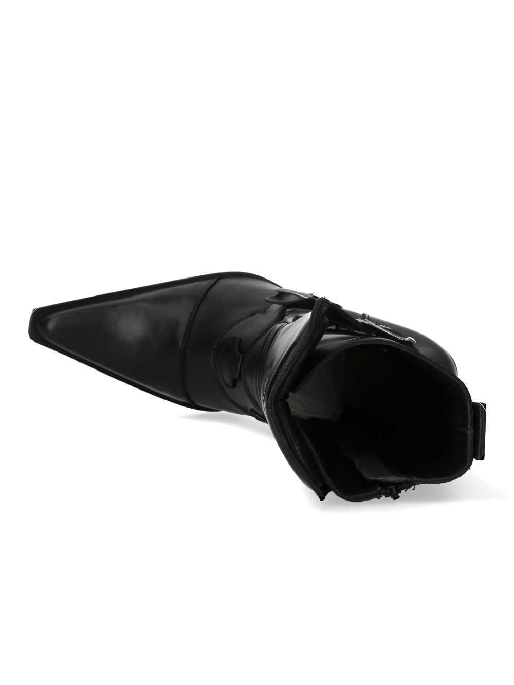 Stylish NEW ROCK black leather high heel boots showcasing punk-inspired design and edgy sophistication.