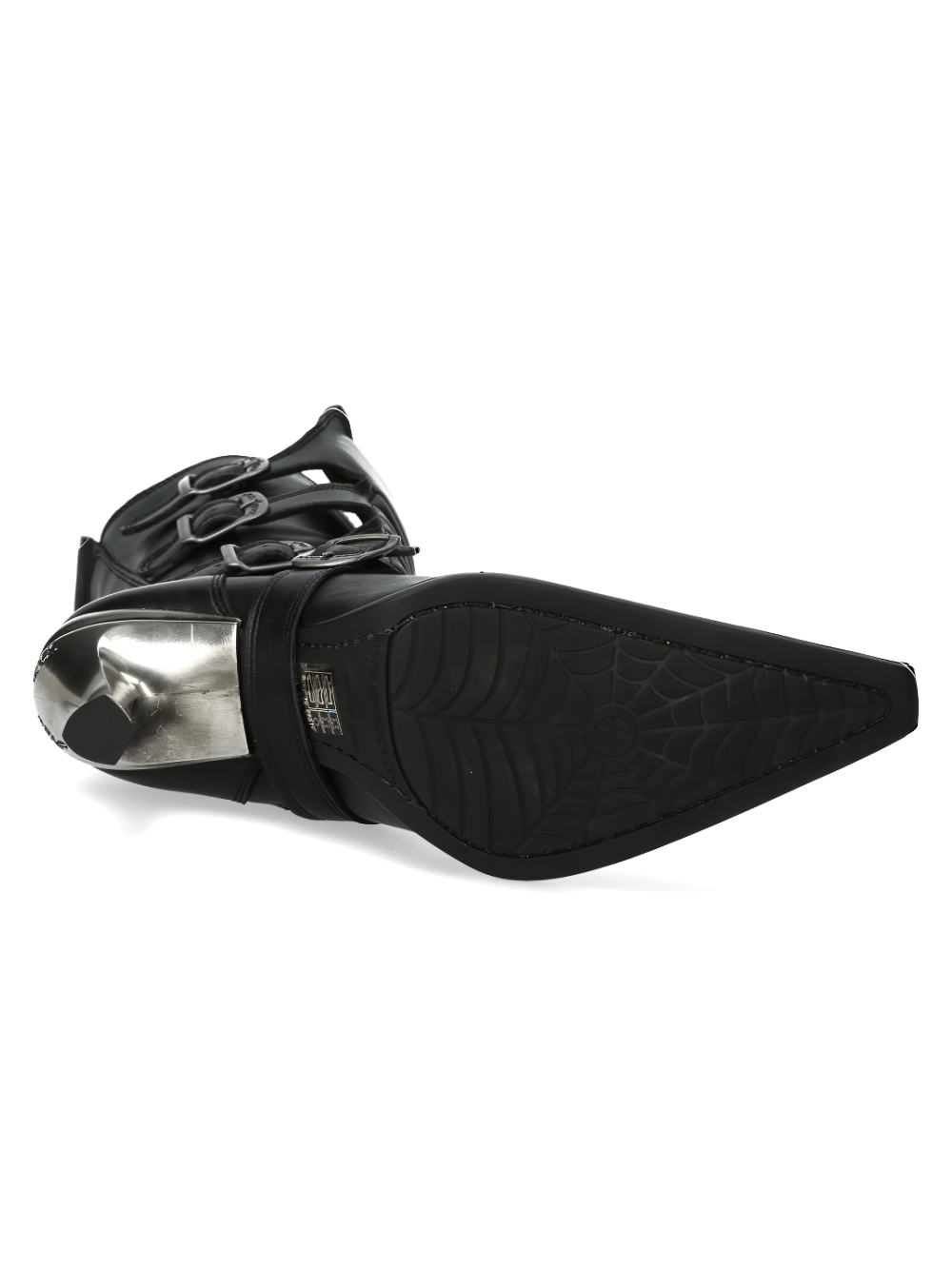 Stylish New Rock black leather high heel buckle boots with metallic detail and gothic design, perfect for edgy fashion.