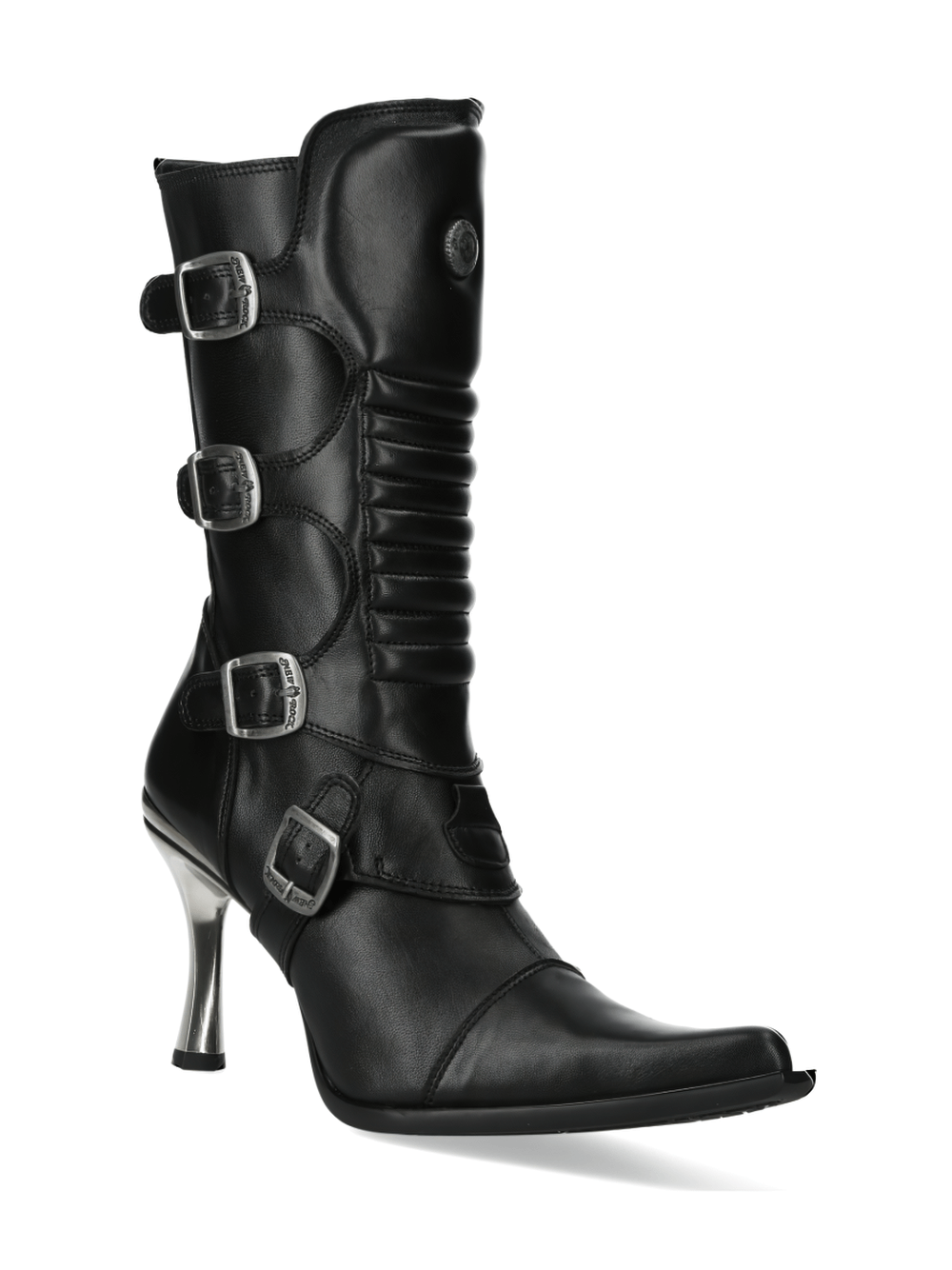 Striking black leather high heel boots with buckles, showcasing edgy punk style from the MALICIA COLLECTION.