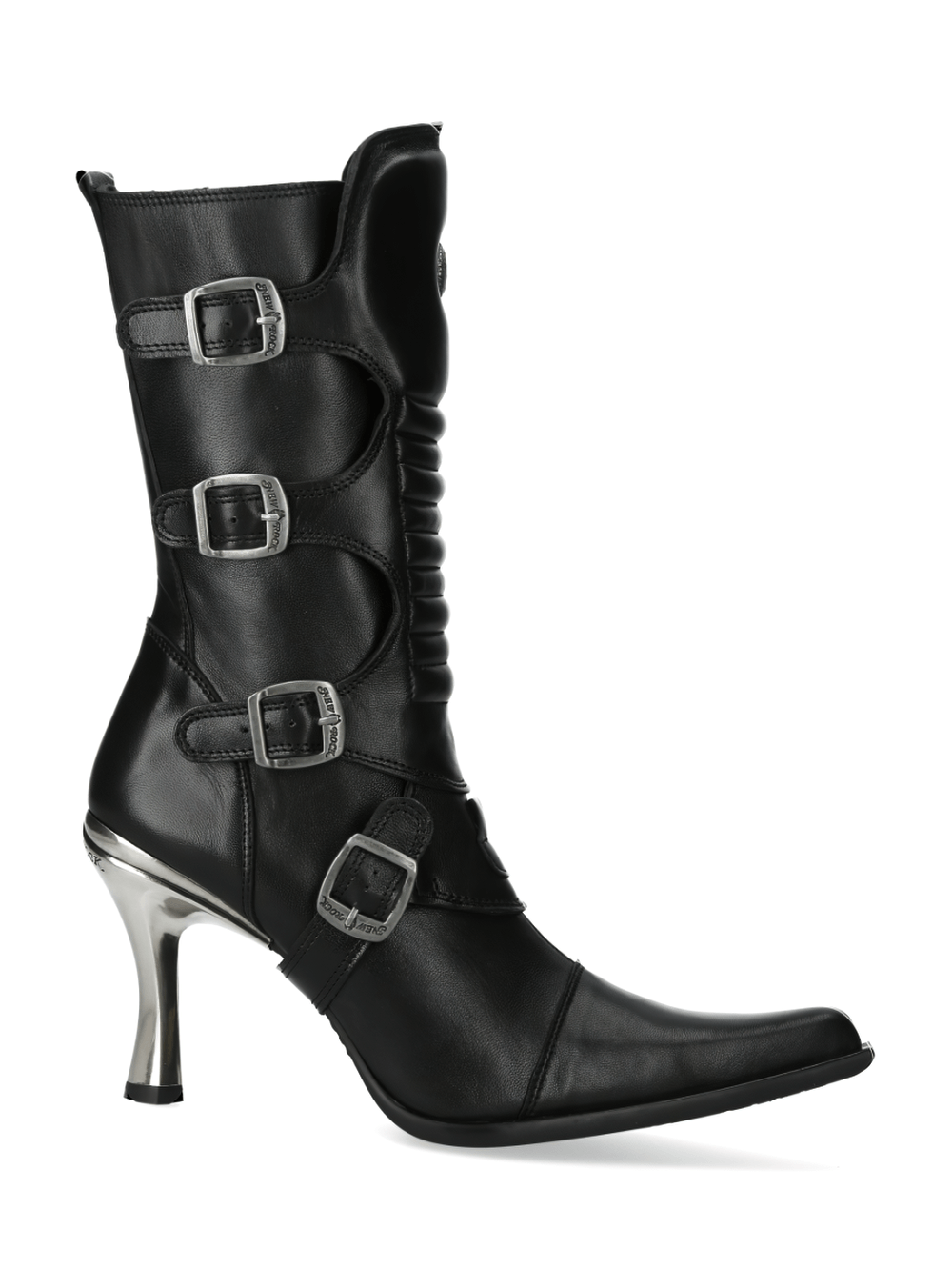 NEW ROCK black leather high heel boots with stylish buckle accents and metallic heel, perfect for punk and goth fashion.