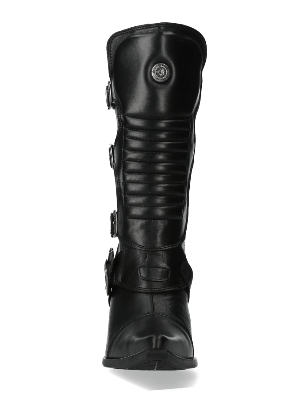 Stylish black leather high heel boots with buckle details, showcasing an edgy punk-inspired design.