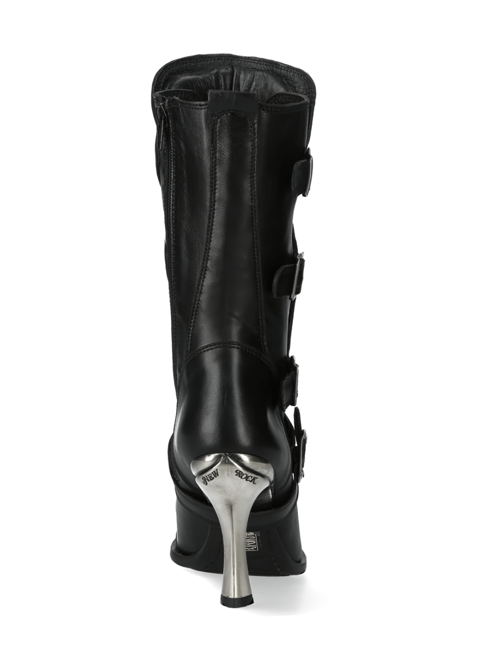 Back view of striking black leather high heel boots with metallic details and buckles, perfect for edgy fashion.