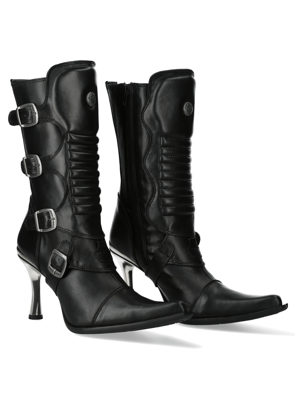 Striking black leather high heel boots with buckles, showcasing the edgy style of the MALICIA COLLECTION.