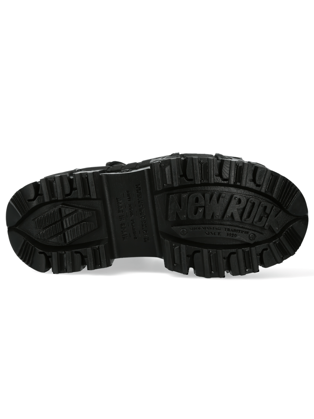 Bottom view of NEW ROCK studded black leather platform boots showcasing rugged tread and logo design.