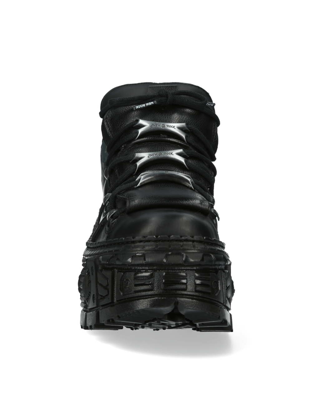 Front view of NEW ROCK studded black leather platform boots, showcasing punk style and urban flair.