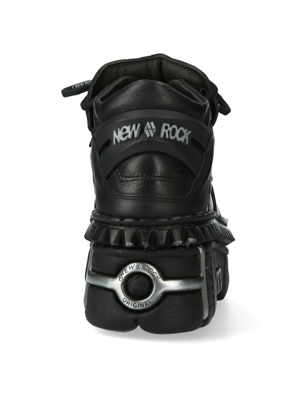 Back view of NEW ROCK studded black platform shoes showcasing gothic punk style and high-quality leather.