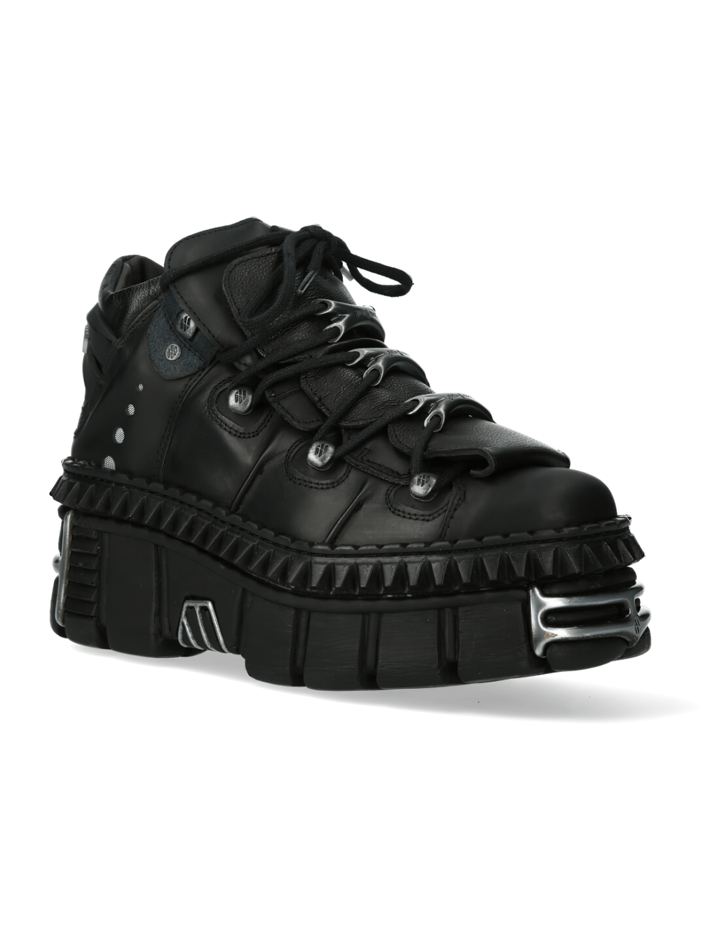 Edgy black platform ankle boots featuring metallic details and a high gothic punk style.