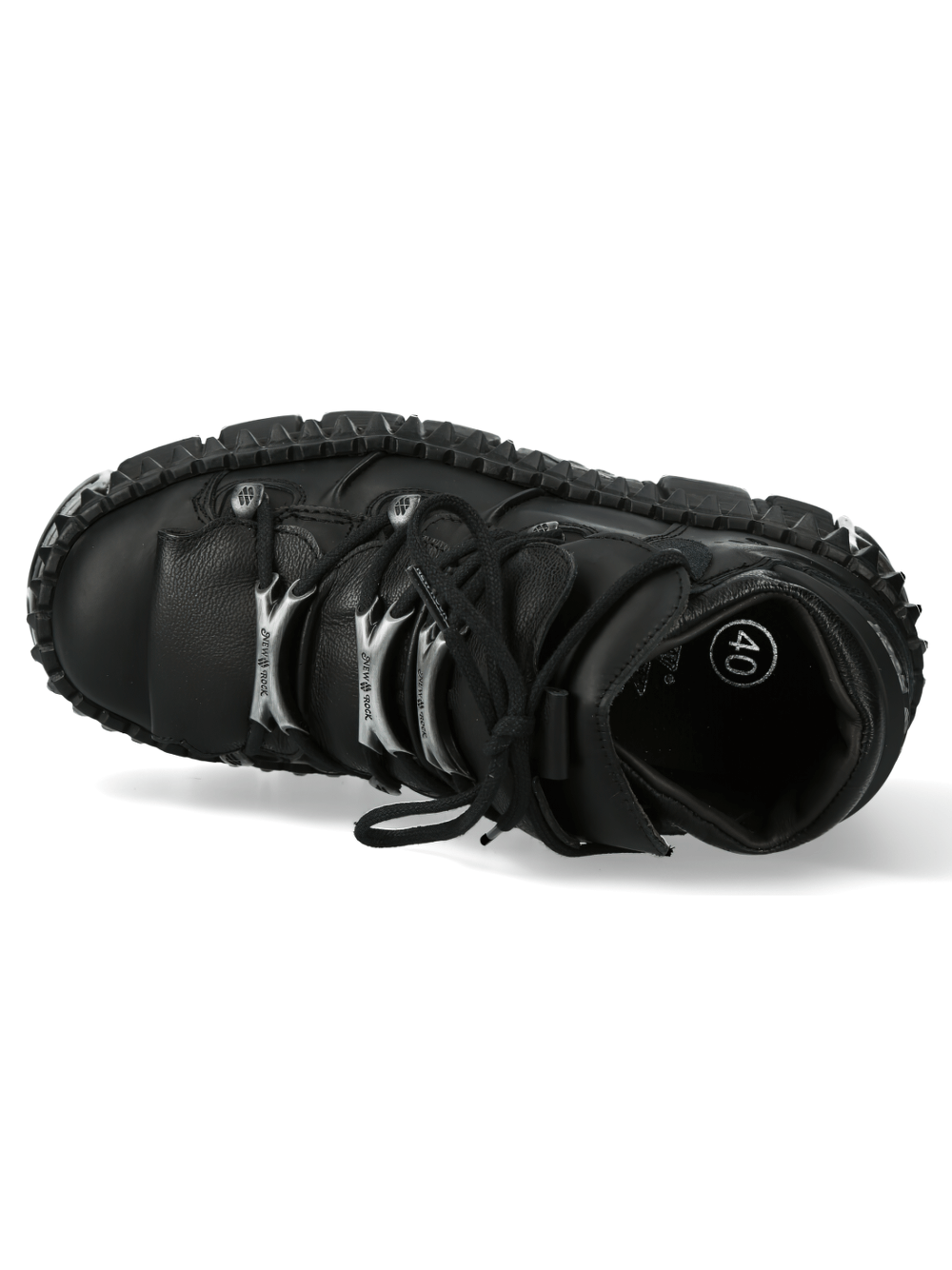 Top view of NEW ROCK studded black platform shoes with metallic details and rugged sole for edgy style.