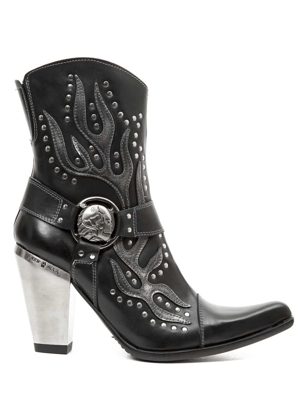 NEW ROCK Studded Black Western Ankle Boots with Buckle