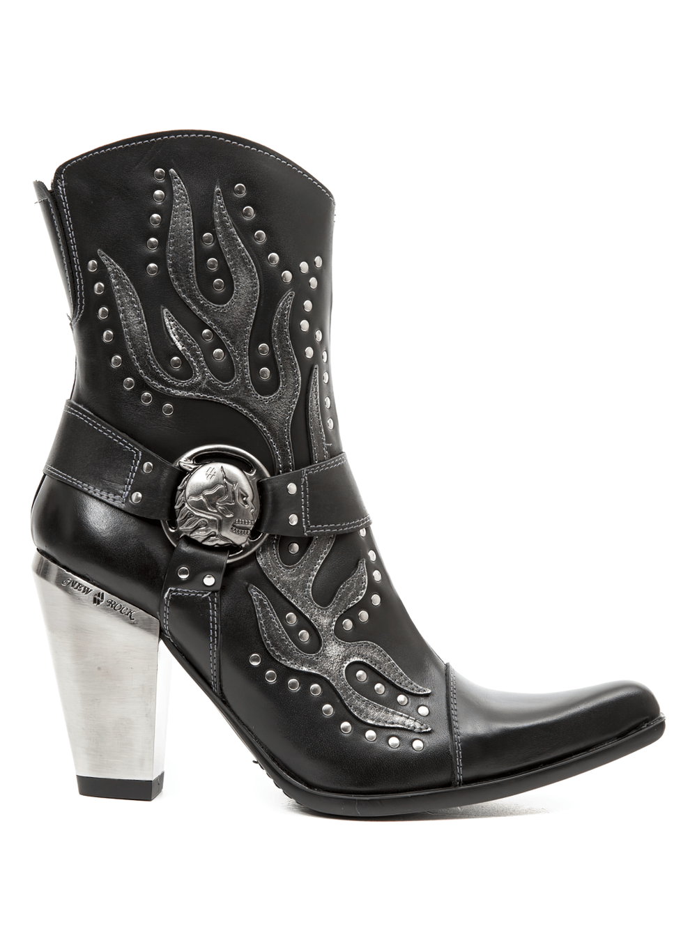 NEW ROCK black studded western ankle boots with buckle and flame design, perfect for urban cowboy style.