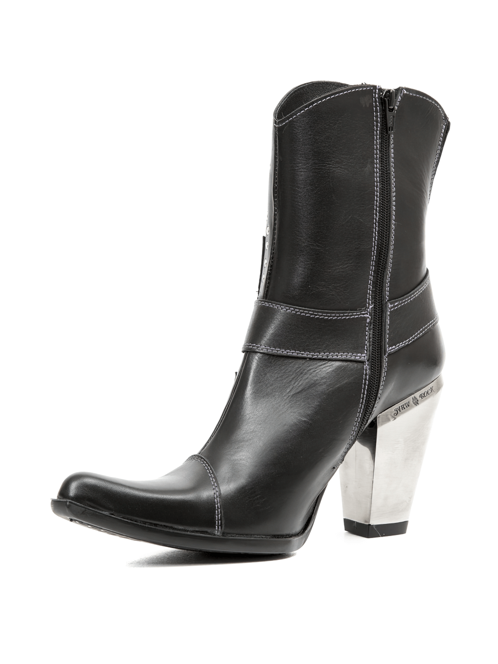 NEW ROCK Studded Black Western Ankle Boots featuring a zipper and metallic heel, perfect for urban cowgirl style.