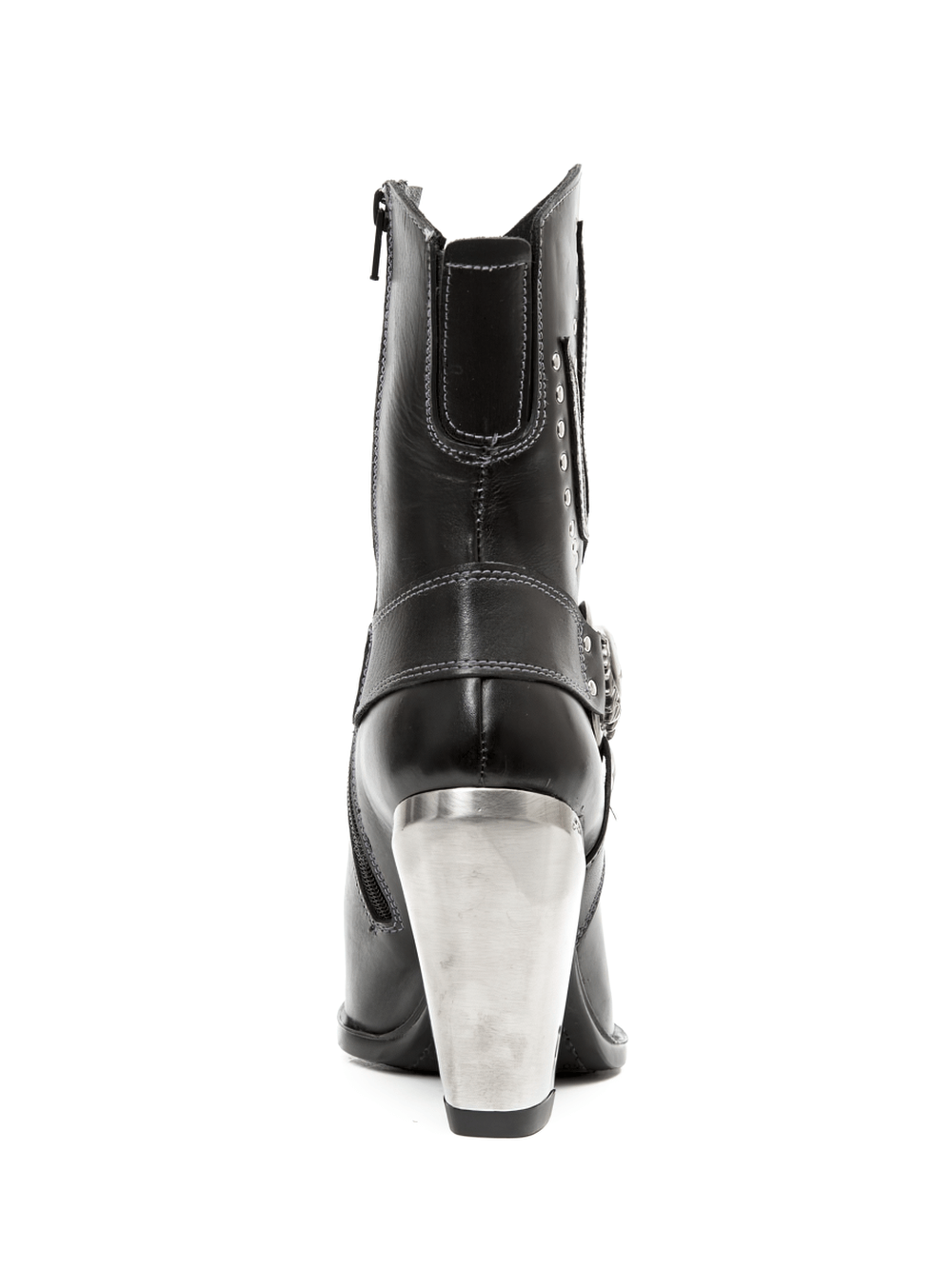 Back view of NEW ROCK studded black ankle boots with buckle and silver heel, showcasing urban cowboy style.