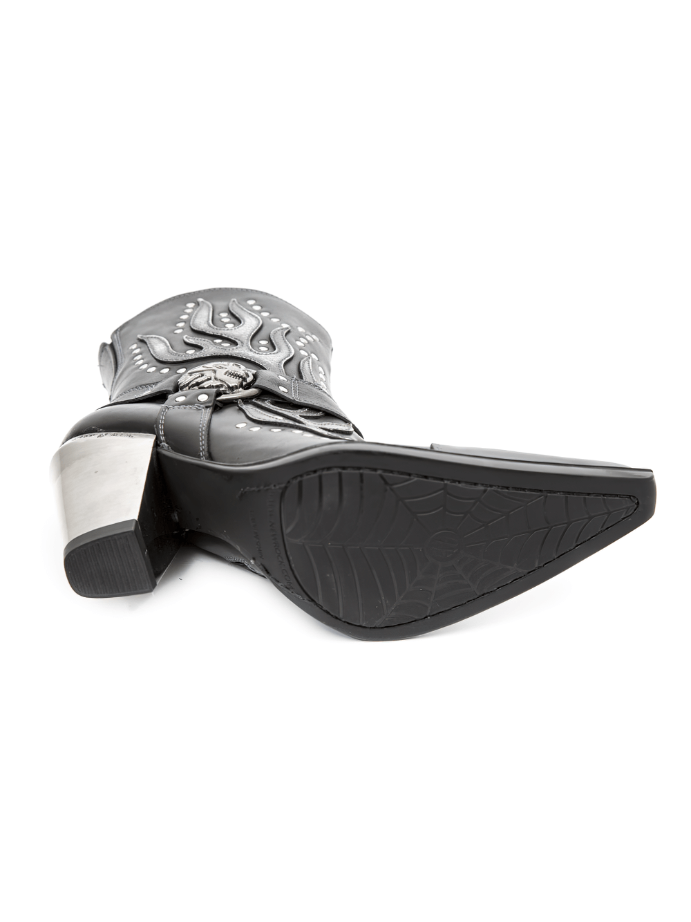 NEW ROCK studded black Western ankle boots showcasing intricate design and stylish rubber sole.