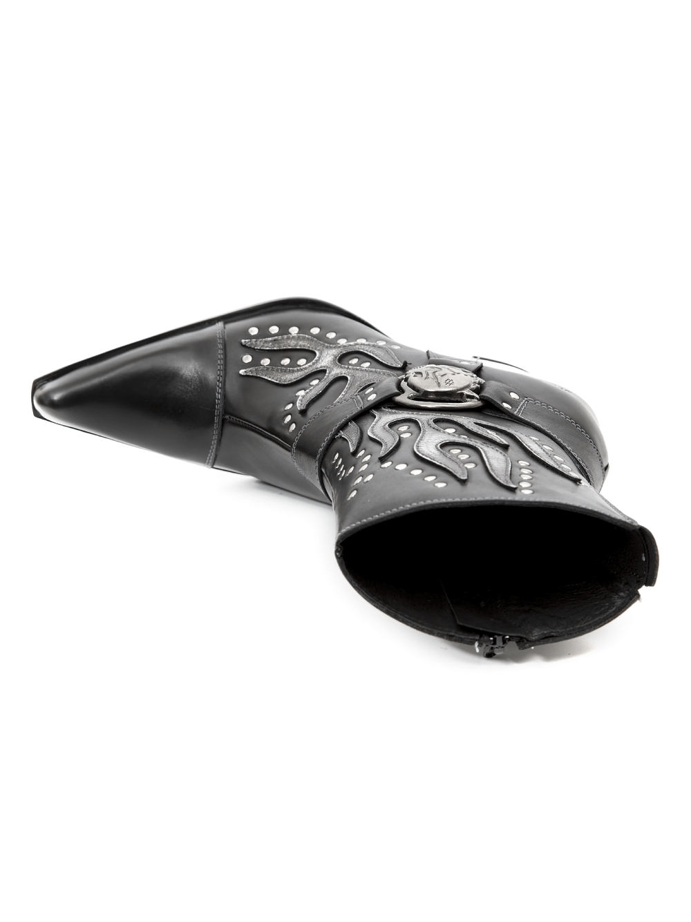 NEW ROCK Studded Black Western Ankle Boots with Buckle, featuring ornate design and durable rubber sole.