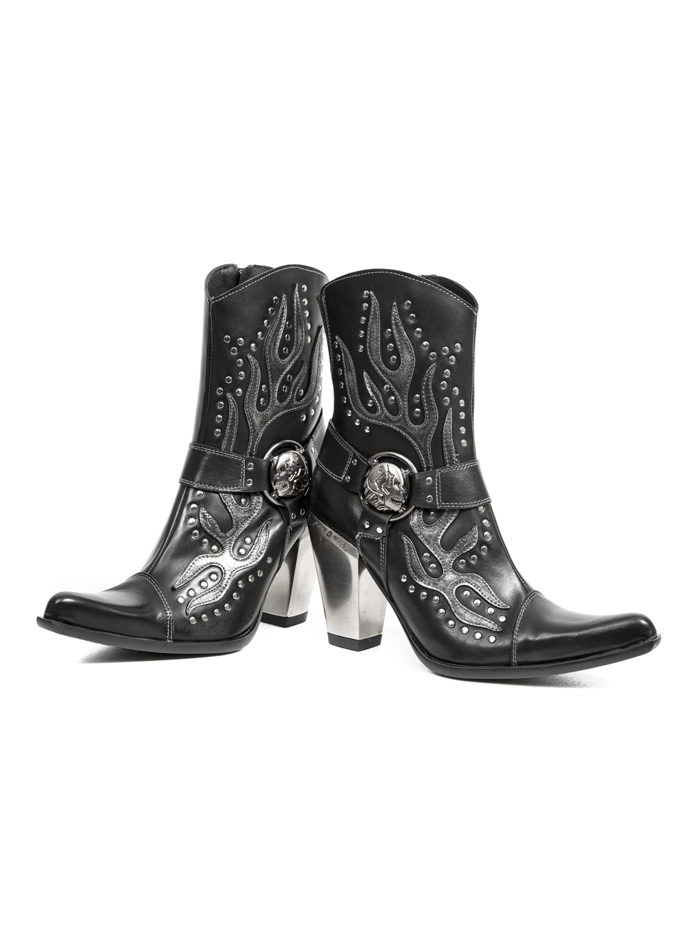Studded black Western ankle boots featuring ornate design and buckle, perfect blend of rugged and urban style.