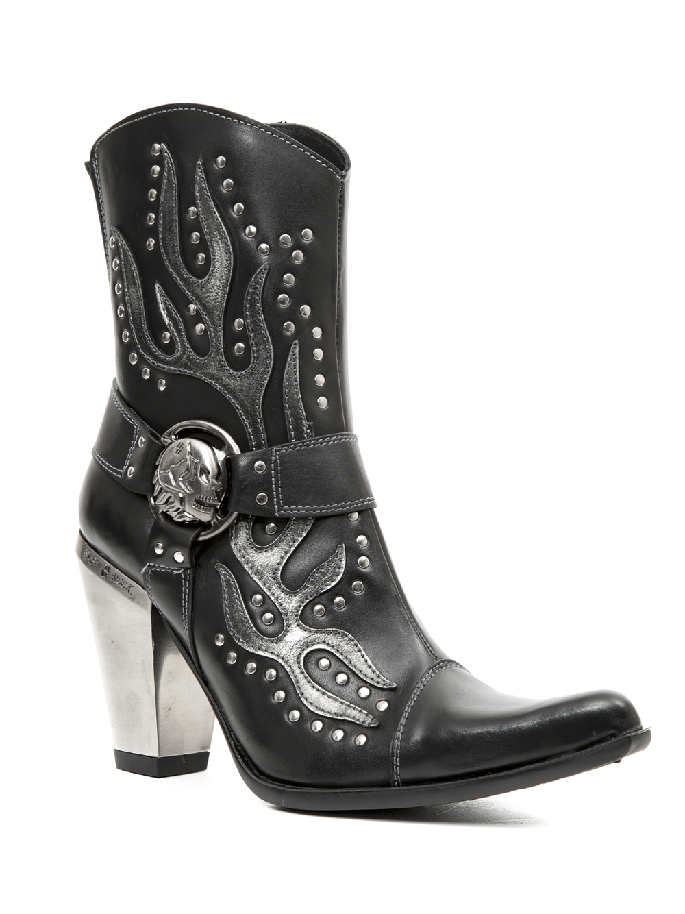 NEW ROCK studded black Western ankle boots with buckle and flaming design for urban style.