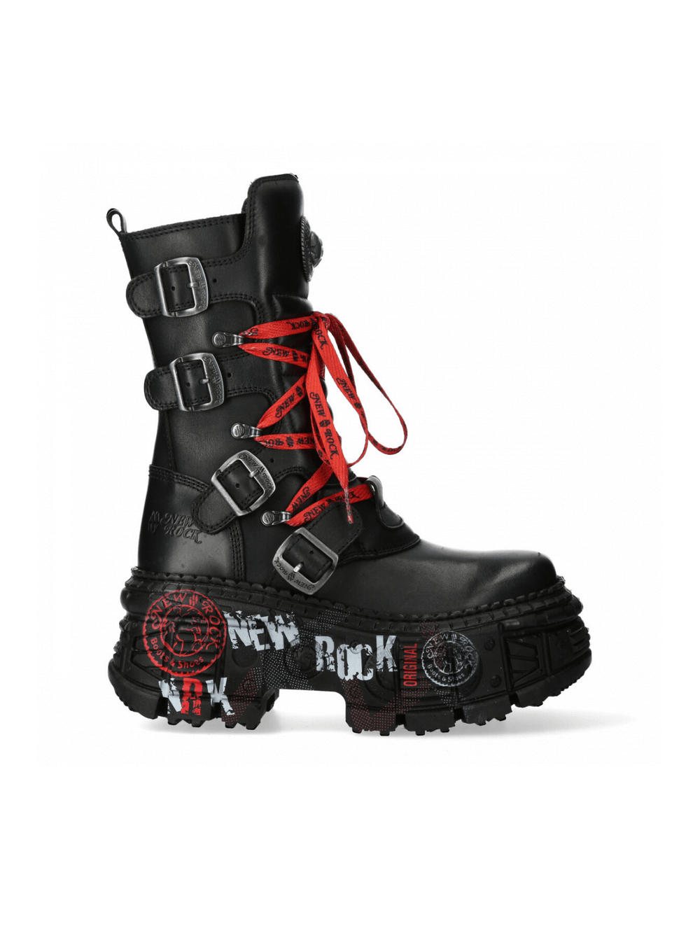 NEW ROCK Men's black gothic punk boots with red laces and metallic accents, featuring buckle details for a bold look.