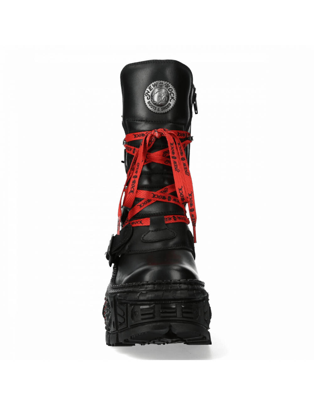 Men's black Gothic punk boots with red laces and metallic accents, showcasing a bold urban style.