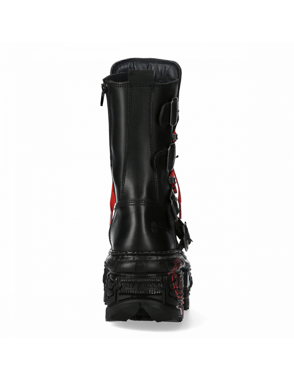 Men's black Gothic punk boots with red laces and metal accents, featuring zipper and buckle closure for a perfect fit.