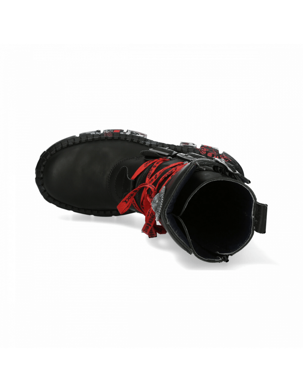 Top view of NEW ROCK Men's Gothic Rock Boots with red laces and metallic accents, showcasing the bold design.