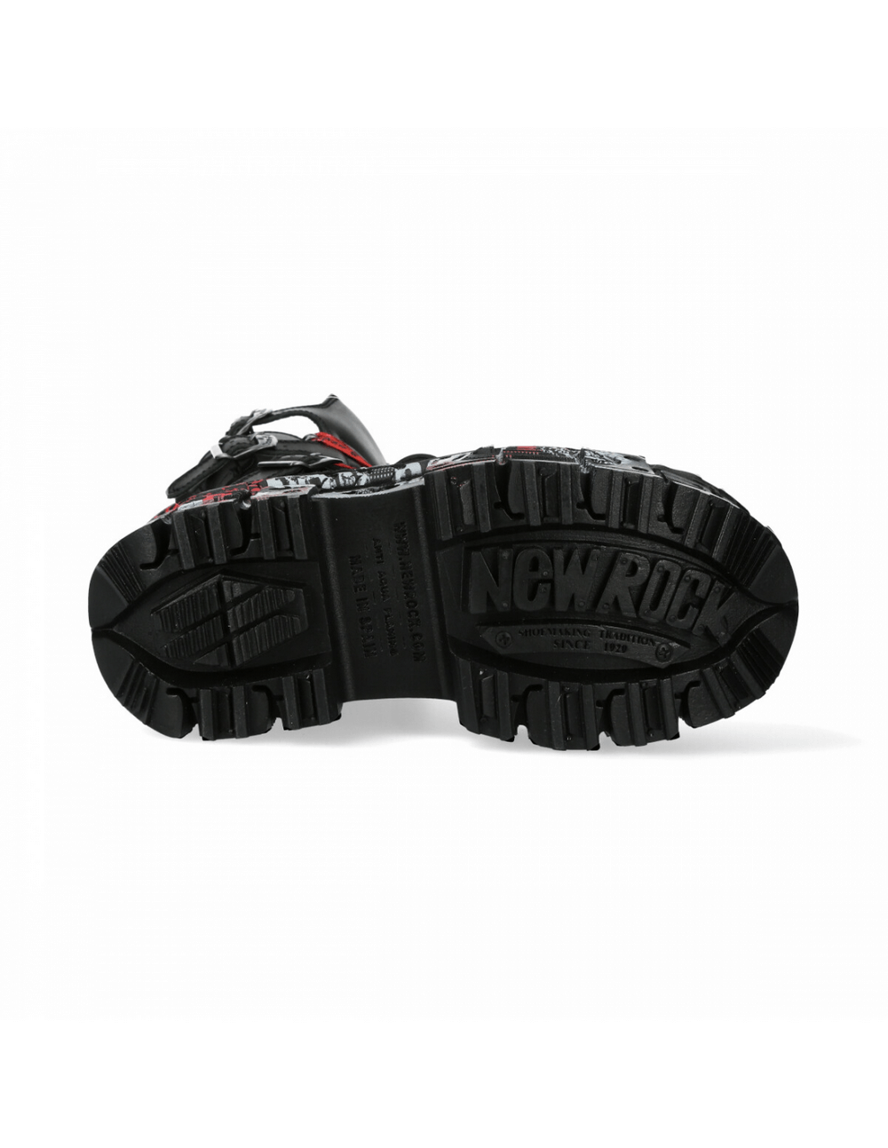 Sole of NEW ROCK Men's Gothic Punk Boots showcasing durability and traction with bold metallic accents.