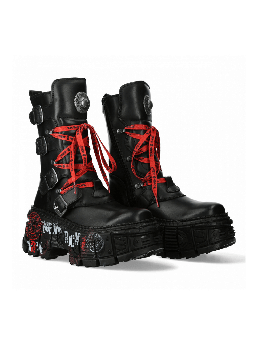 NEW ROCK Men's Gothic Punk Boots with red laces, metallic accents and unique closures for a bold urban style.