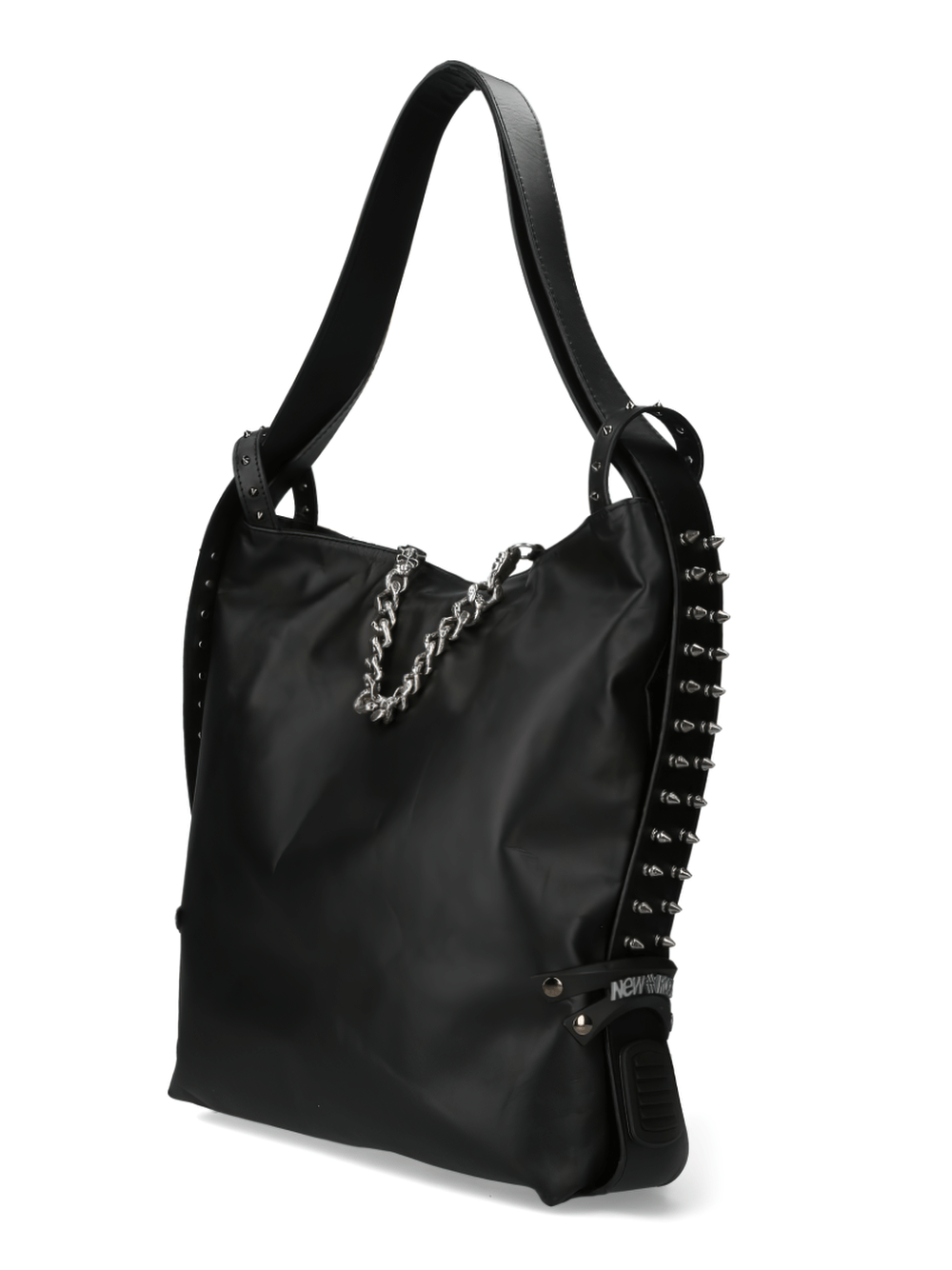 NEW ROCK black studded shoulder bag with silver chain, spikes, and rivet details, perfect for gothic and punk fashion.