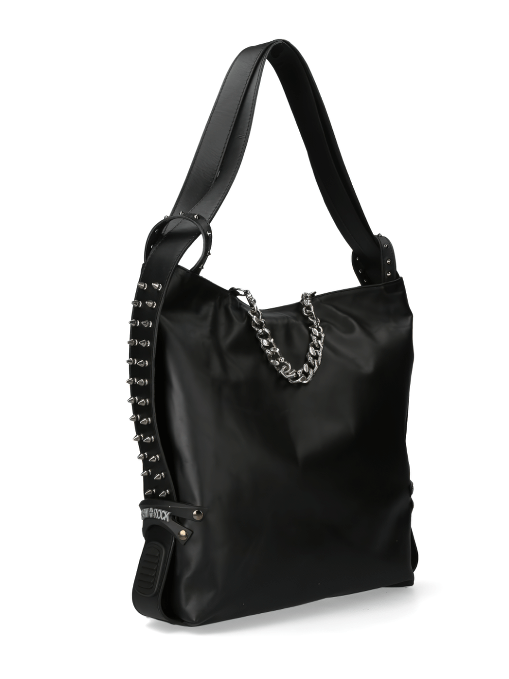 Edgy black studded shoulder bag with silver chain and spike details, perfect for gothic and punk fashion enthusiasts.