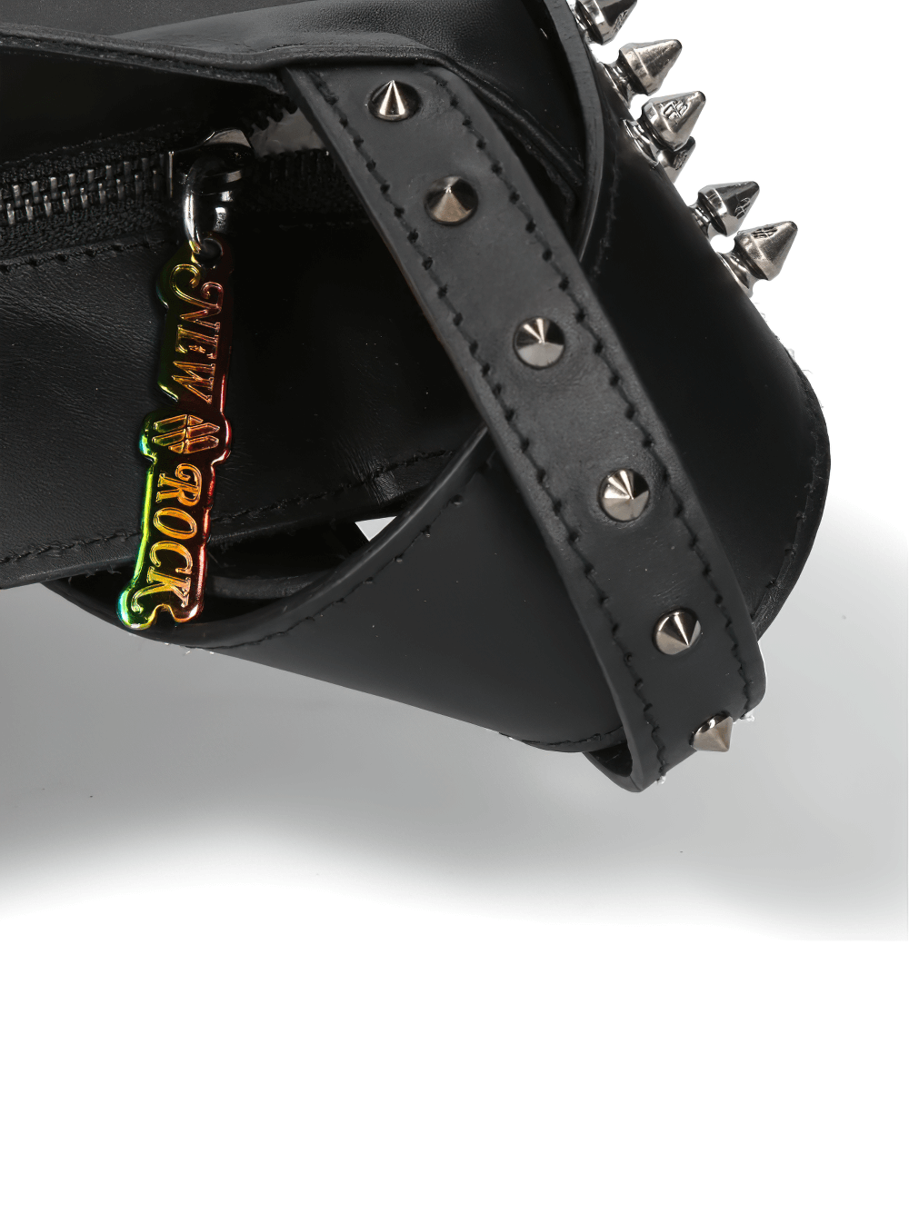 Close-up of NEW ROCK black studded handbag showcasing spiked details and colorful logo charm.