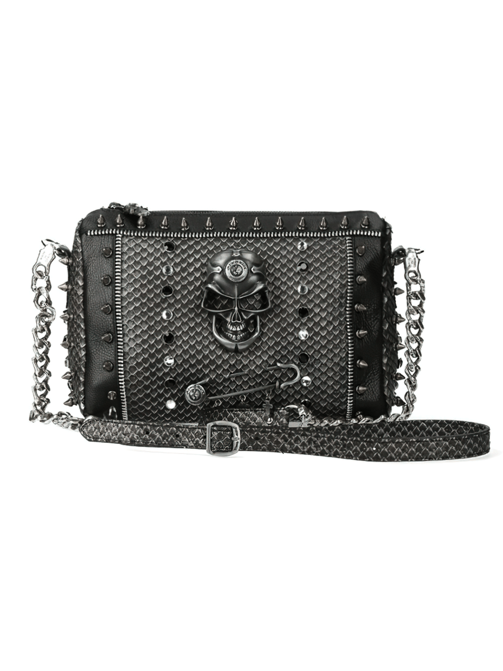 Skull-studded black leather crossbody bag with chain strap and striking skull clasp.