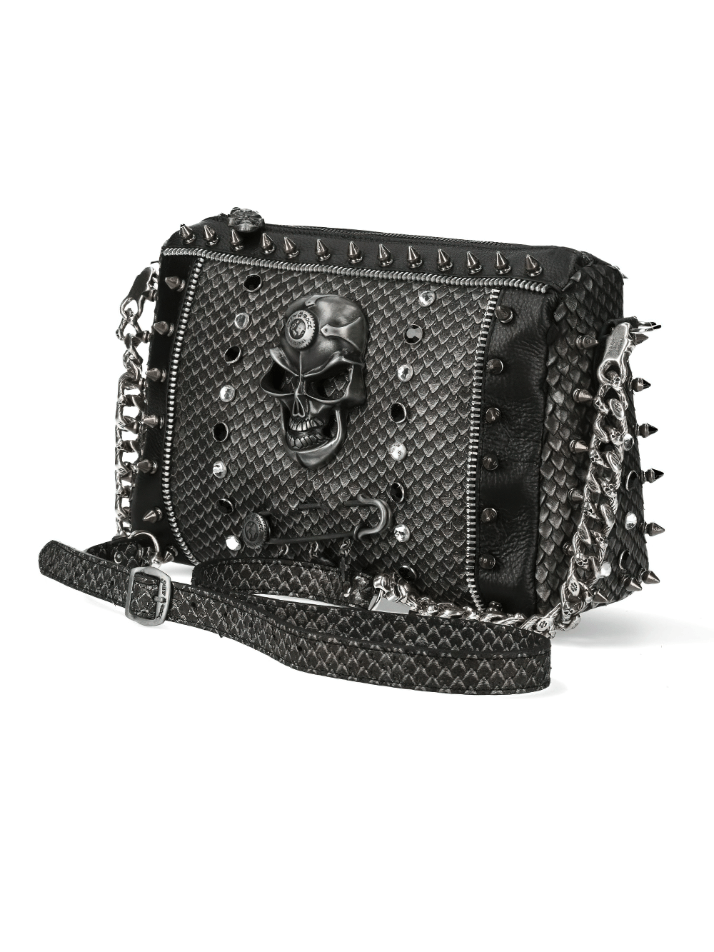 Skull-Embellished Black Leather Crossbody Bag with Chain Strap and Studded Detailing.