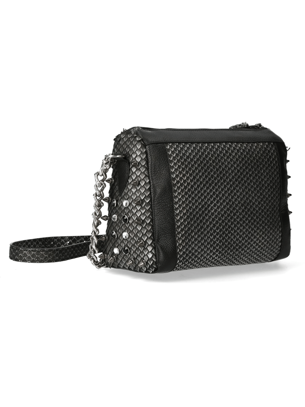 Stylish black leather crossbody bag with studded detailing and a woven texture, perfect for edgy fashion statements.