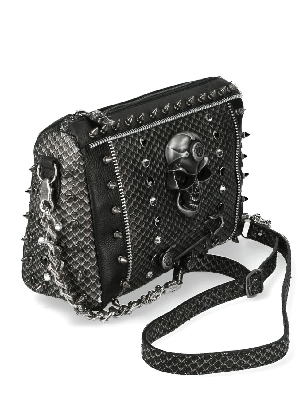 Skull-Embellished Black Leather Crossbody Bag with studded detailing and chain strap, perfect for edgy fashion.